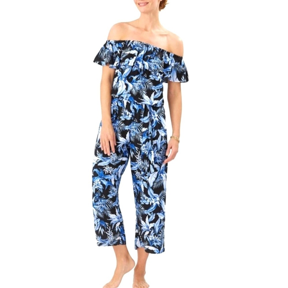 Tommy Bahama Indigo Garden Off-The-Shoulder Wide Leg Jumpsuit Floral‎ Blue XS